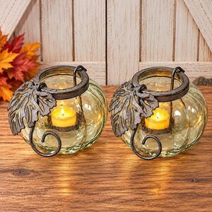 Pier 1 Imports Glass Pumpkin Tea Light Candle Holders Metal Set of 2 Fall